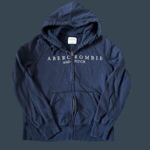 Abercrombie & Fitch Navy Blue Zip-Up Hoodie With Logo Print Lined Hood & Pockets